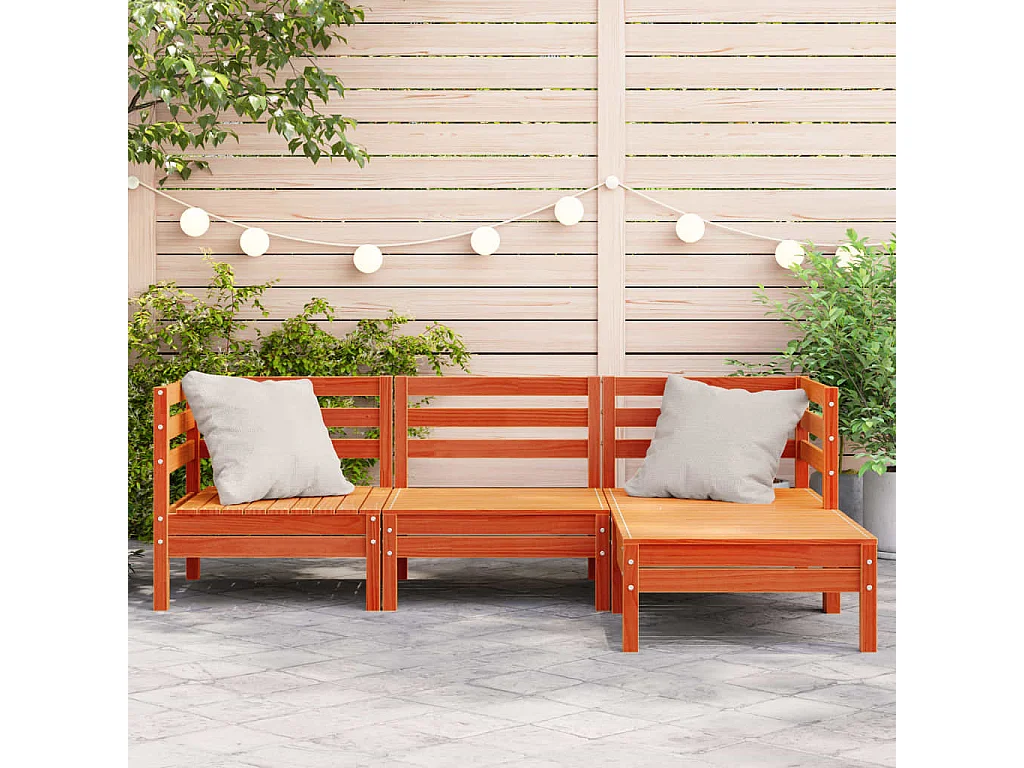 Sofá de jardim de 3 lugares com apoio de pés, cera marrom, madeira maciça