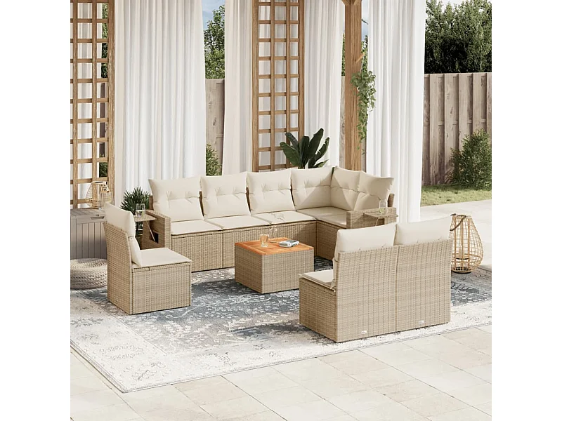 Mobile da giardino con cuscini 9 pz in resina intrecciata beige