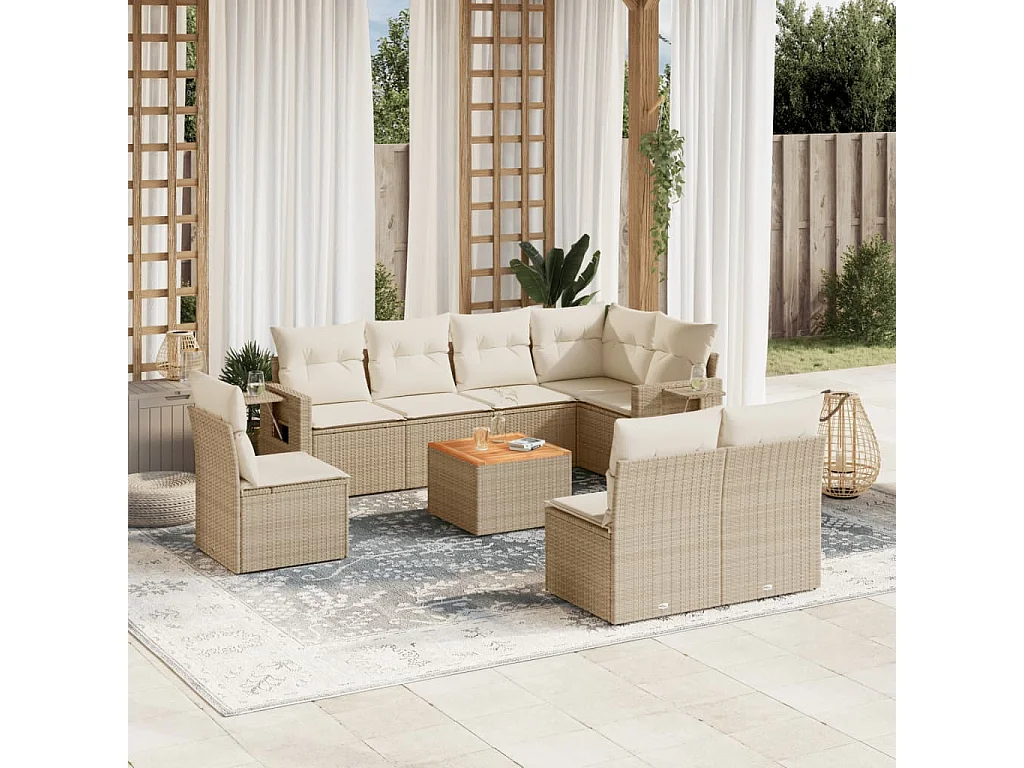 Mobile da giardino con cuscini 9 pz in resina intrecciata beige