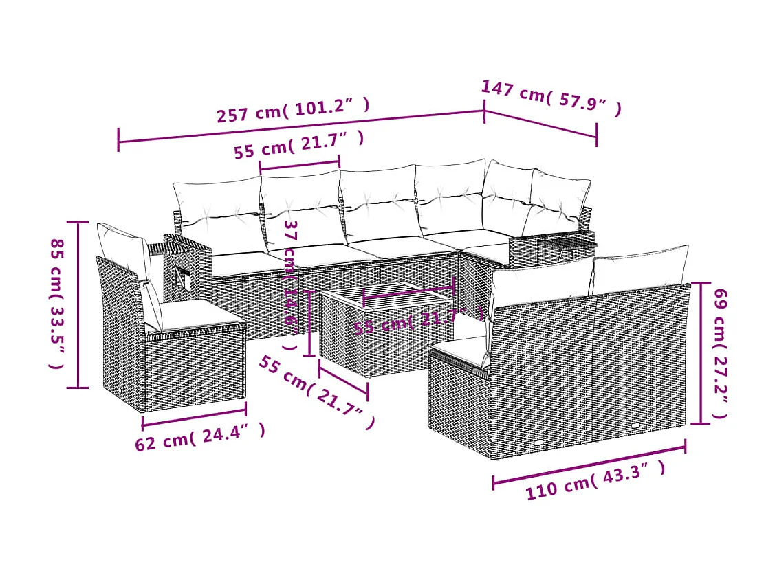 Mobile da giardino con cuscini 9 pz in resina intrecciata beige