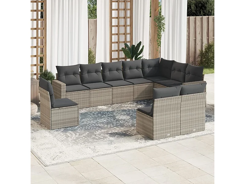 Salon de jardin avec coussins 10 pcs gris clair résine tressée