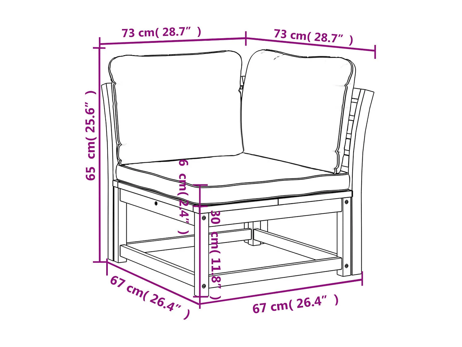Cuscini per divano angolare da giardino 73x73x65 cm in legno massello di acacia