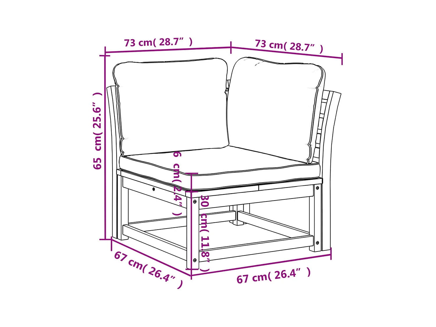 Cuscini per divano angolare da giardino 73x73x65 cm in legno massello di acacia
