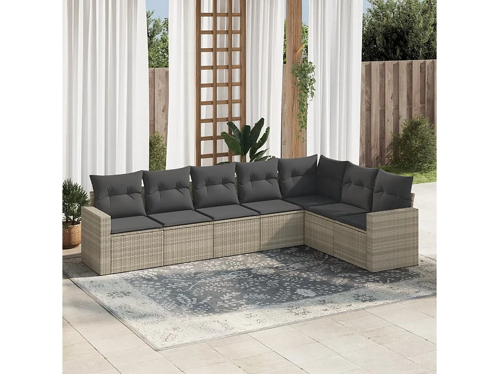 Muebles de jardín con cojines 7 piezas de resina tejida gris claro.