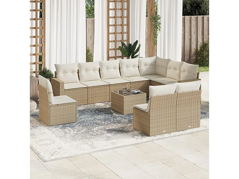 Salon de jardin 11 pcs avec coussins beige résine tressée