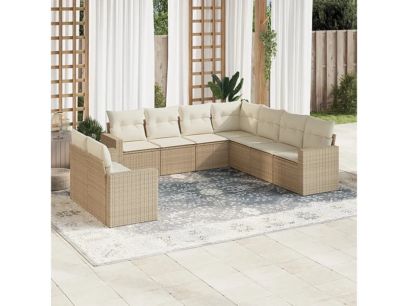 Salon de jardin avec coussins 9 pcs beige résine tressée