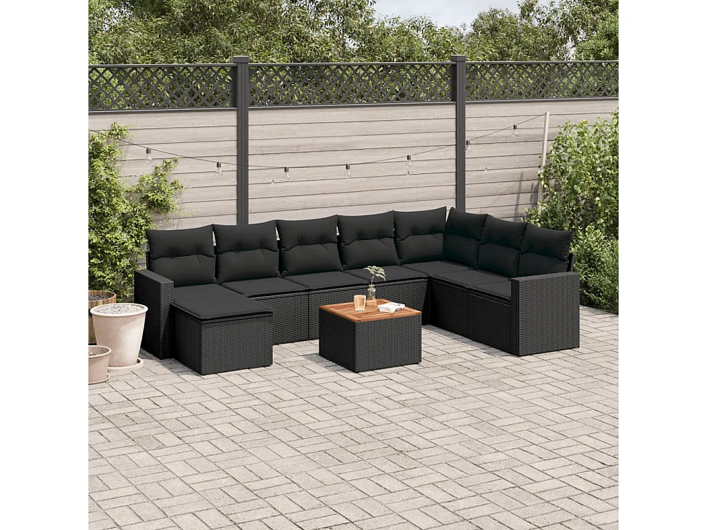 Salon de jardin 9 pcs avec coussins noir résine tressée