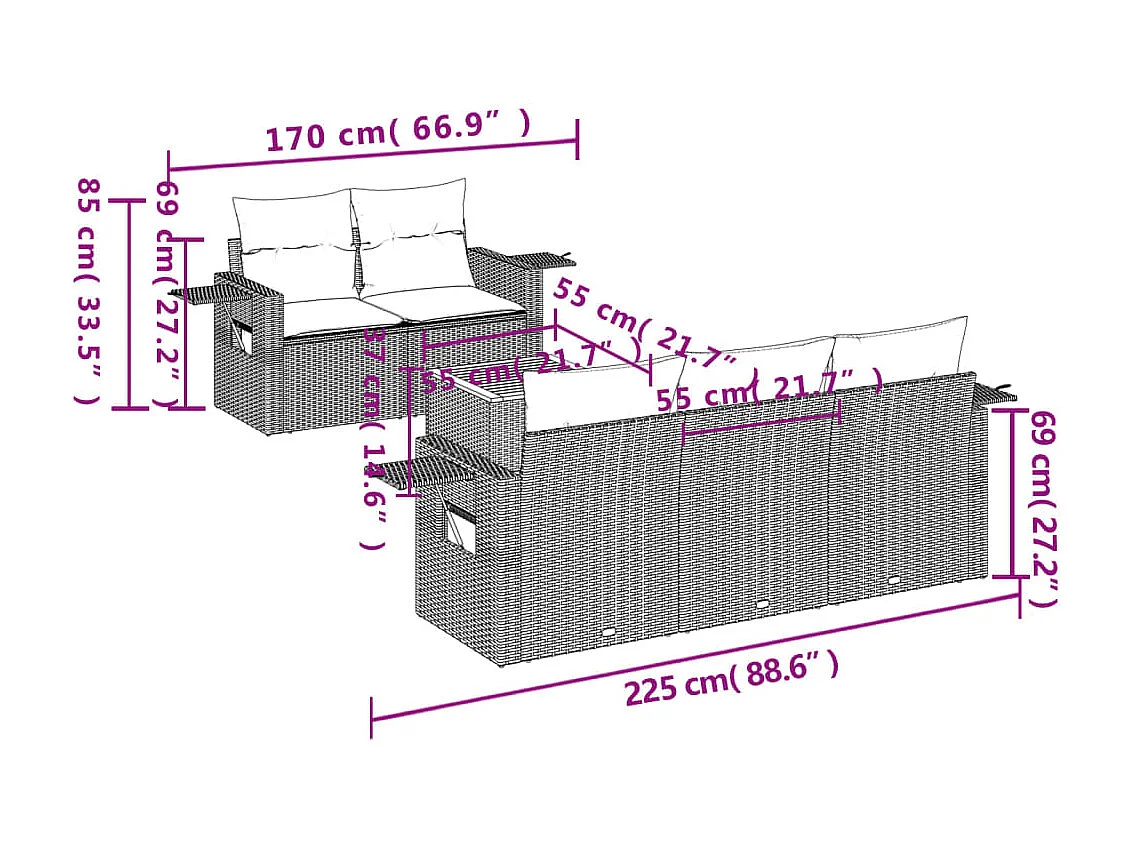 Salon de jardin 9 pcs avec coussins noir résine tressée