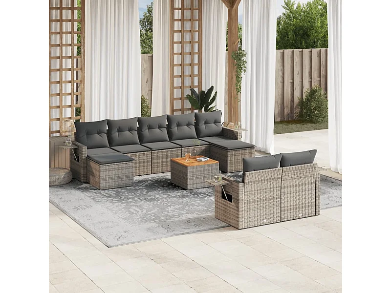 Salon de jardin avec coussins 10 pcs gris résine tressée