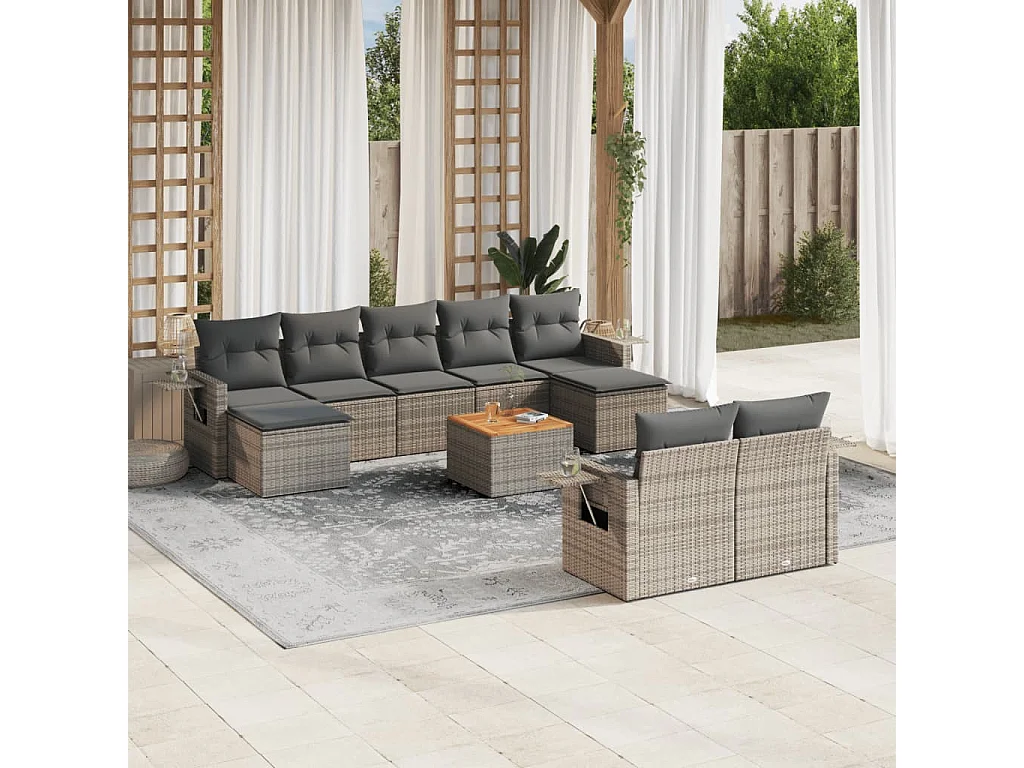 Muebles de jardín con cojines 10 piezas resina tejida gris.