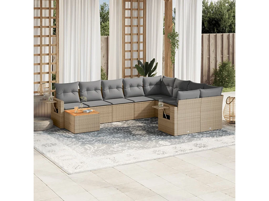 Salon de jardin avec coussins 10 pcs beige résine tressée
