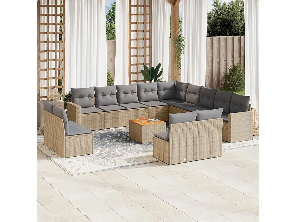 Salon de jardin avec coussins 14 pcs beige résine tressée