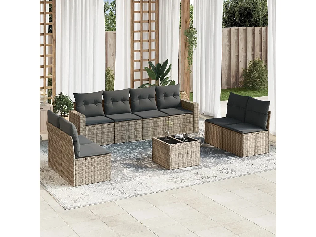 Salon de jardin avec coussins 9 pcs beige résine tressée