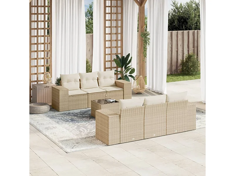 Salon de jardin avec coussins 7 pcs beige résine tressée