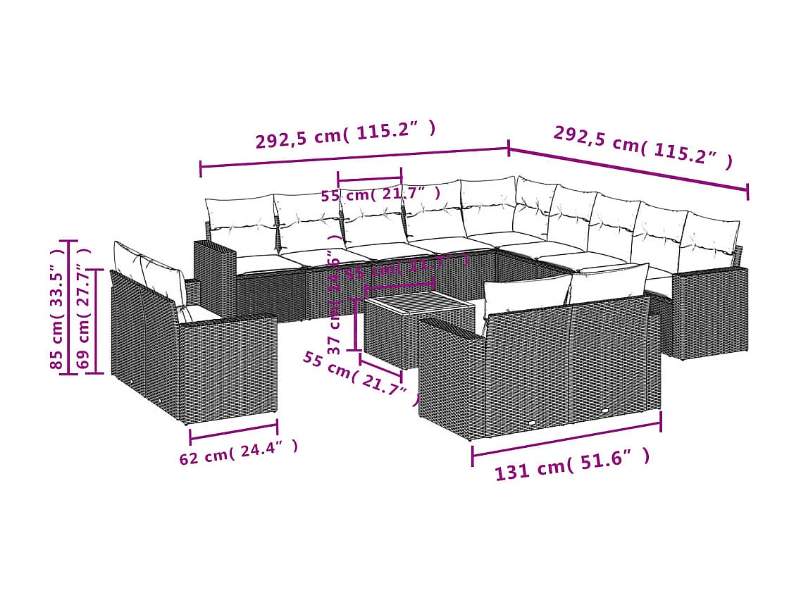 Salon de jardin avec coussins 14 pcs beige résine tressée