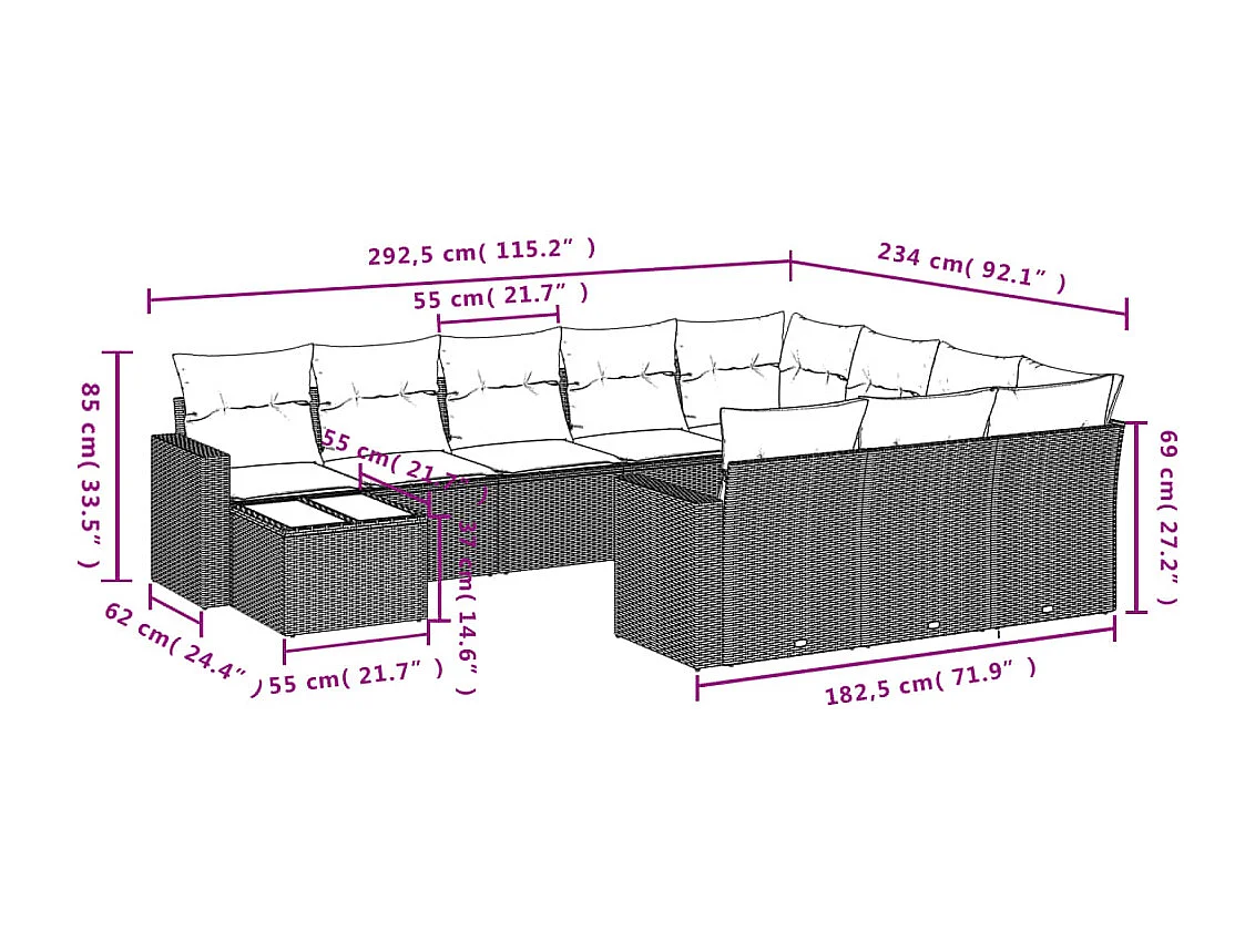 11 muebles de jardín con cojines de resina tejida en negro.