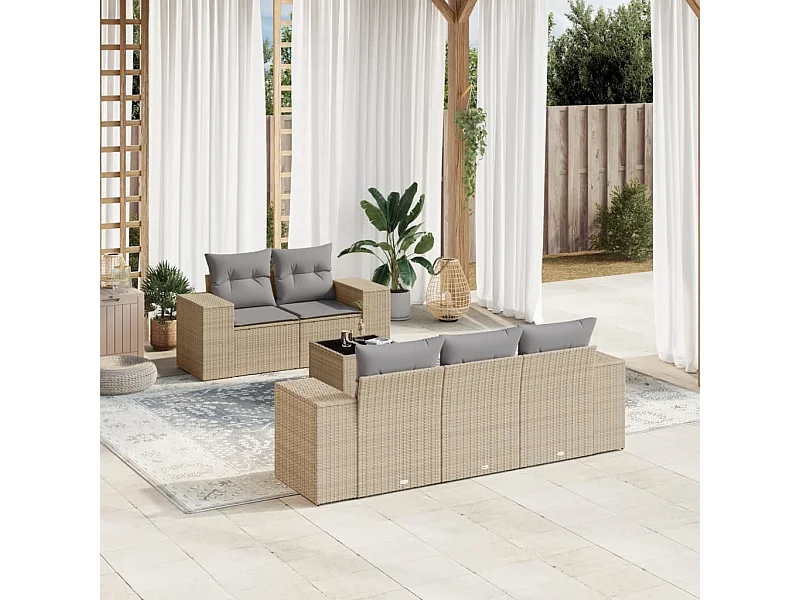 Mobile da giardino con cuscini 6 pz in resina intrecciata beige