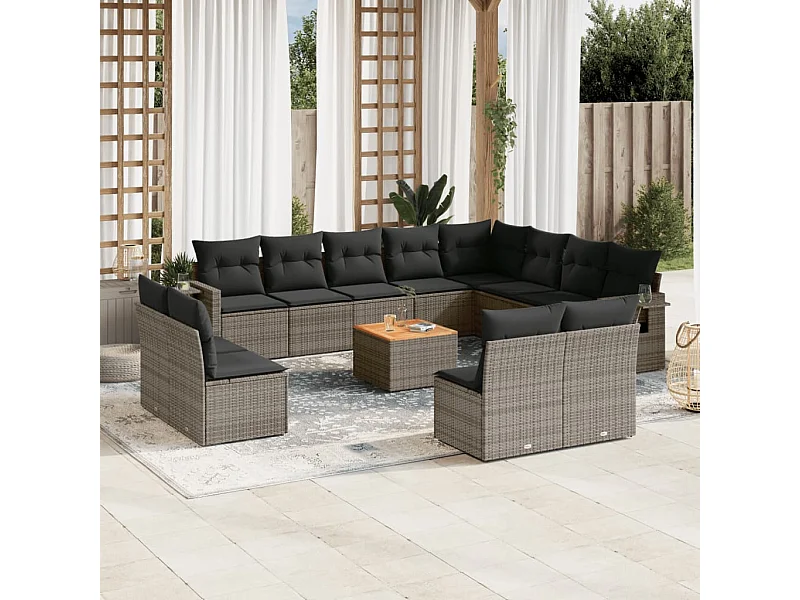 Muebles de jardín con cojines 13 piezas resina tejida gris.