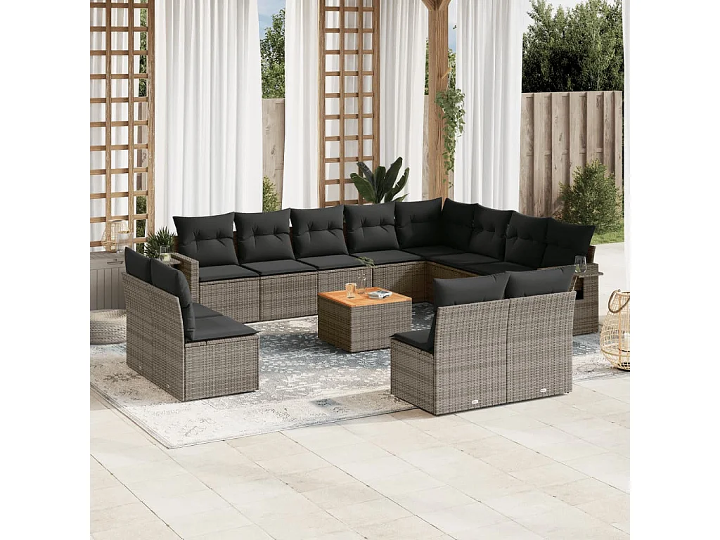 Salon de jardin avec coussins 13 pcs gris résine tressée