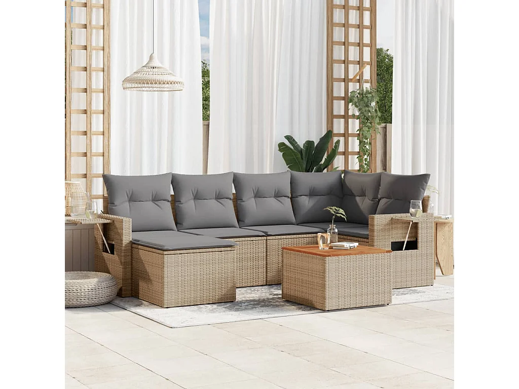 Salon de jardin avec coussins 7 pcs beige résine tressée