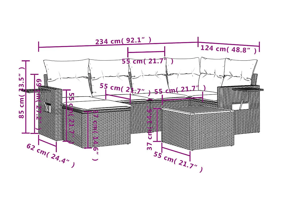 Mobile da giardino con cuscini 7 pz in resina intrecciata beige
