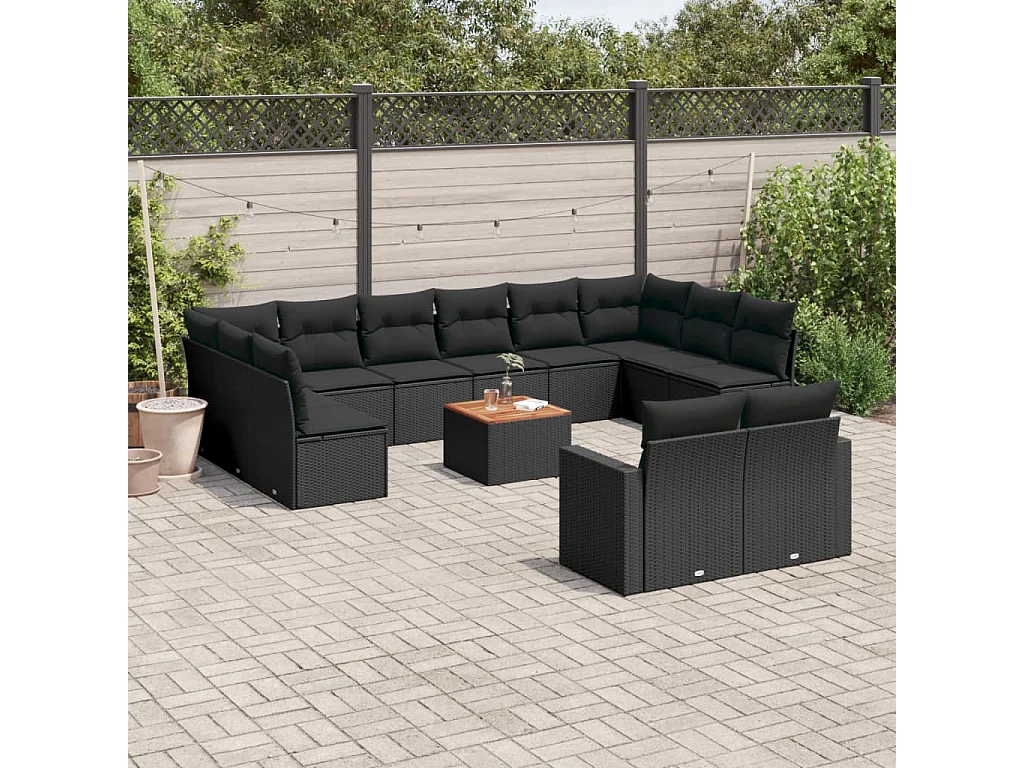 Salon de jardin avec coussins 13 pcs noir résine tressée