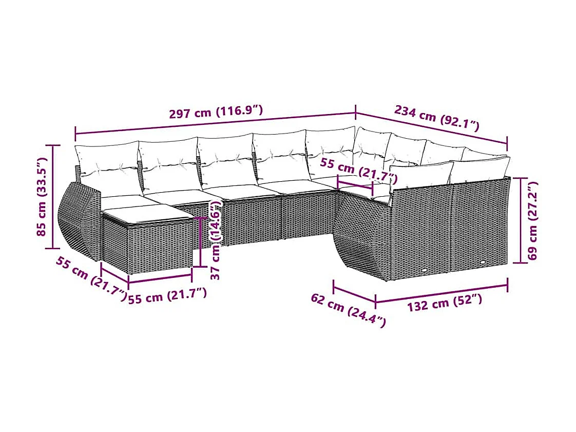 Salon de jardin avec coussins 10 pcs gris clair résine tressée
