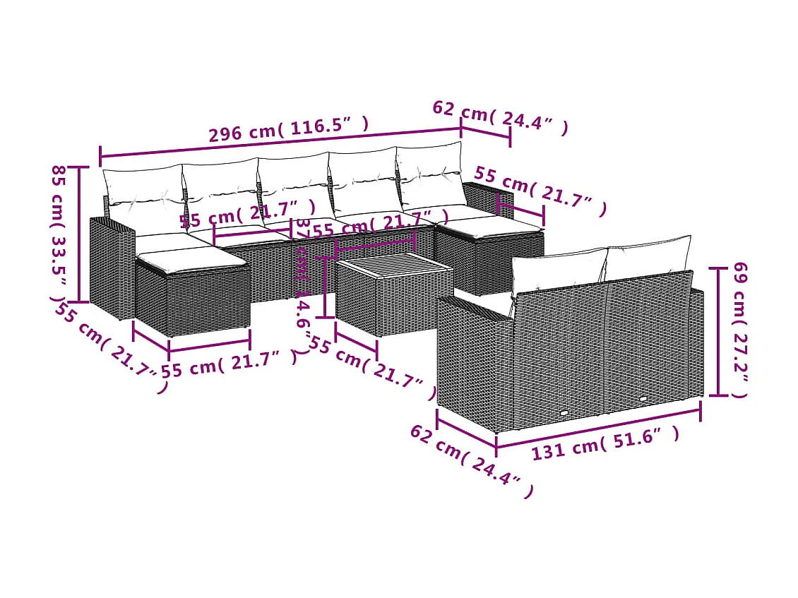 Salon de jardin 10 pcs avec coussins noir résine tressée