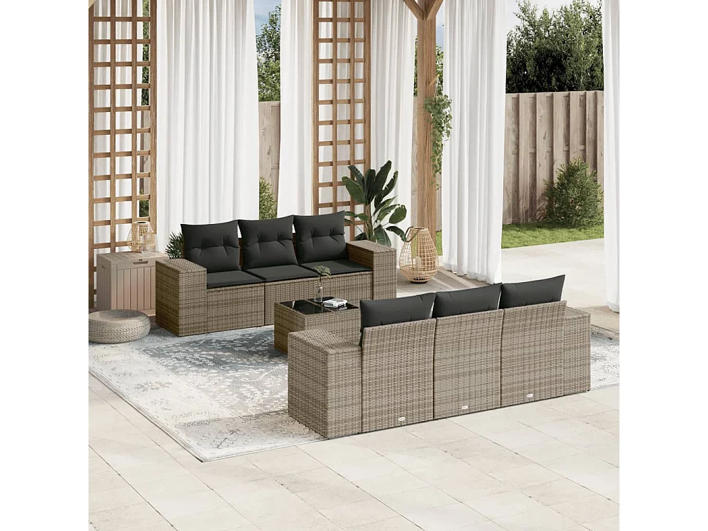 Muebles de jardín con cojines 7 piezas resina tejida gris.