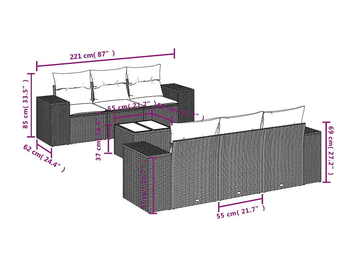 Muebles de jardín con cojines 7 piezas resina tejida gris.