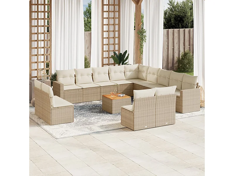Salon de jardin avec coussins 14 pcs beige résine tressée