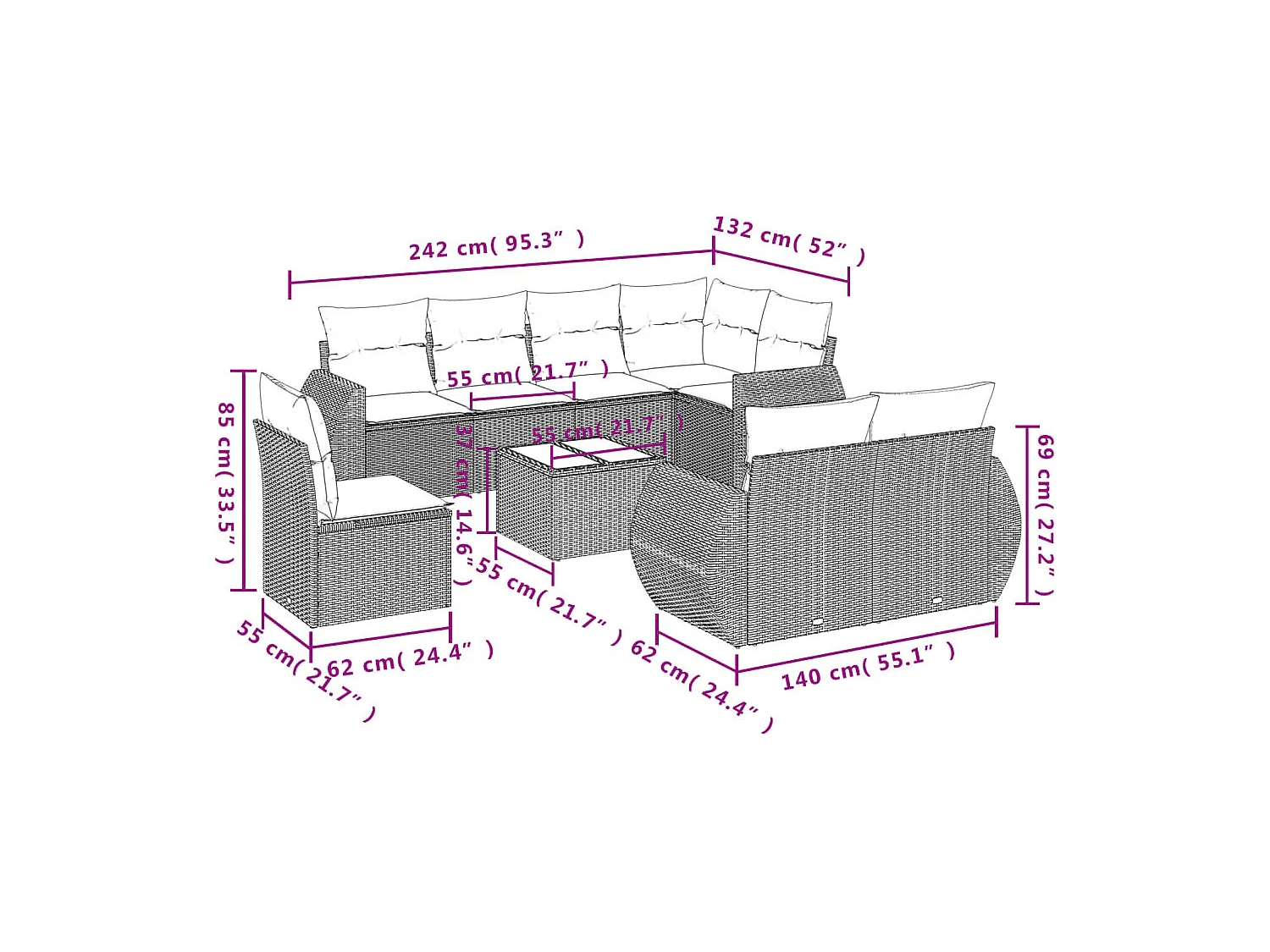 Mobili da giardino da 5 pezzi con cuscini in resina intrecciata nera