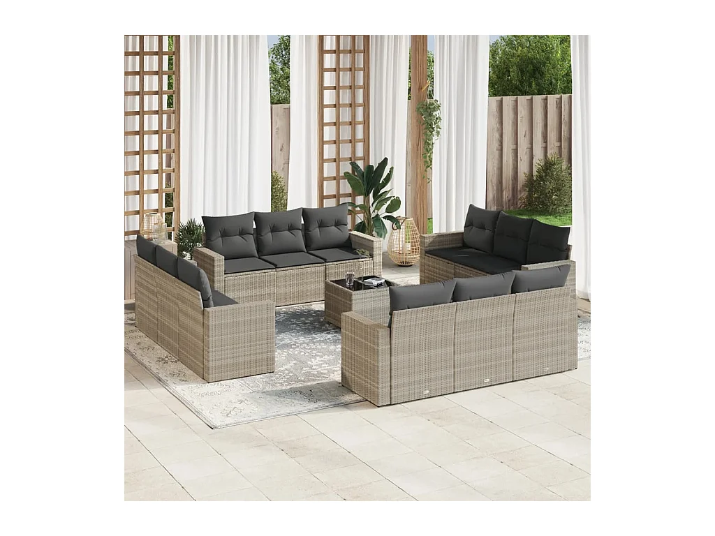 Salon de jardin avec coussins 13 pcs gris clair résine tressée