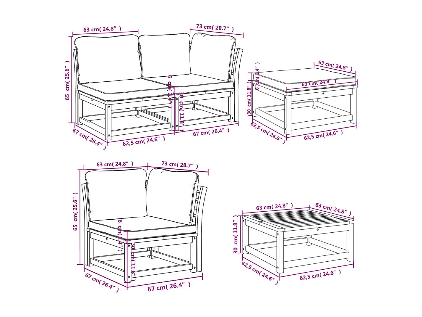 Salon de jardin avec coussins 10 pcs bois massif d'acacia