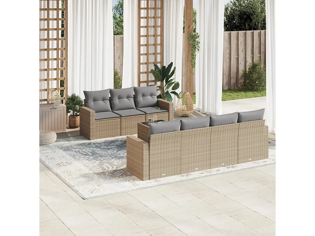 Mobile da giardino con cuscini 8 pz in resina intrecciata beige