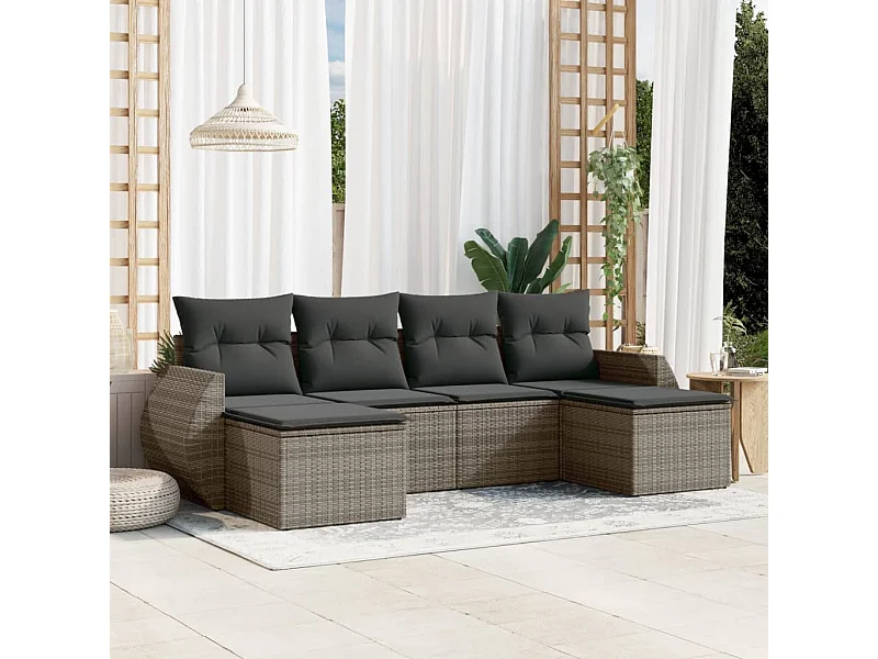 Muebles de jardín de 6 piezas con cojines de resina tejida gris.
