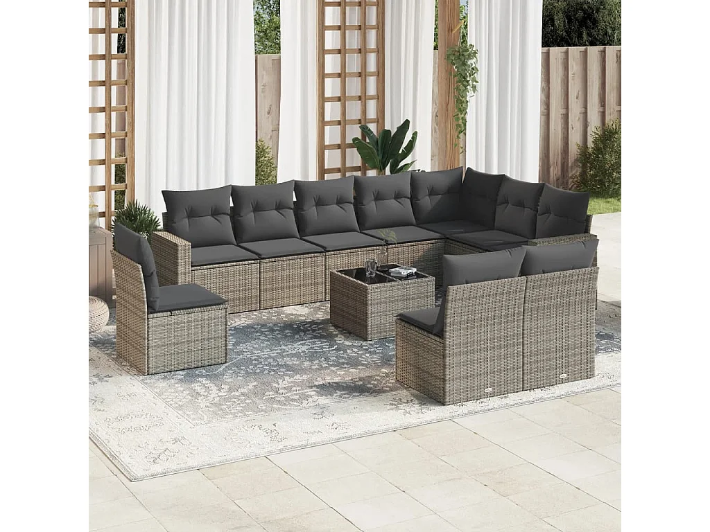 Salon de jardin 11 pcs avec coussins gris résine tressée