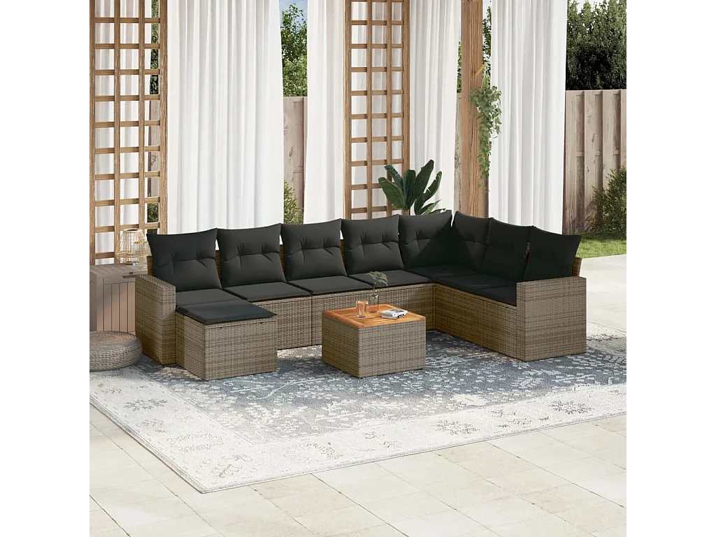 Muebles de jardín de 9 piezas con cojines de resina tejida gris.