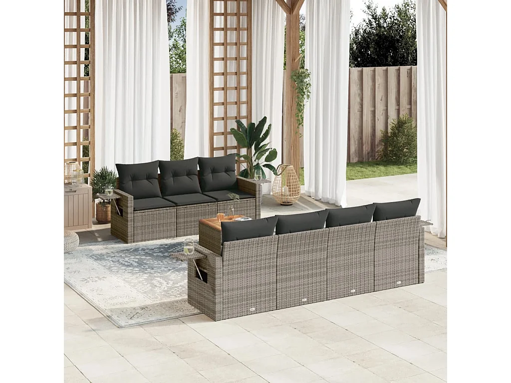 Salon de jardin 8 pcs avec coussins gris résine tressée