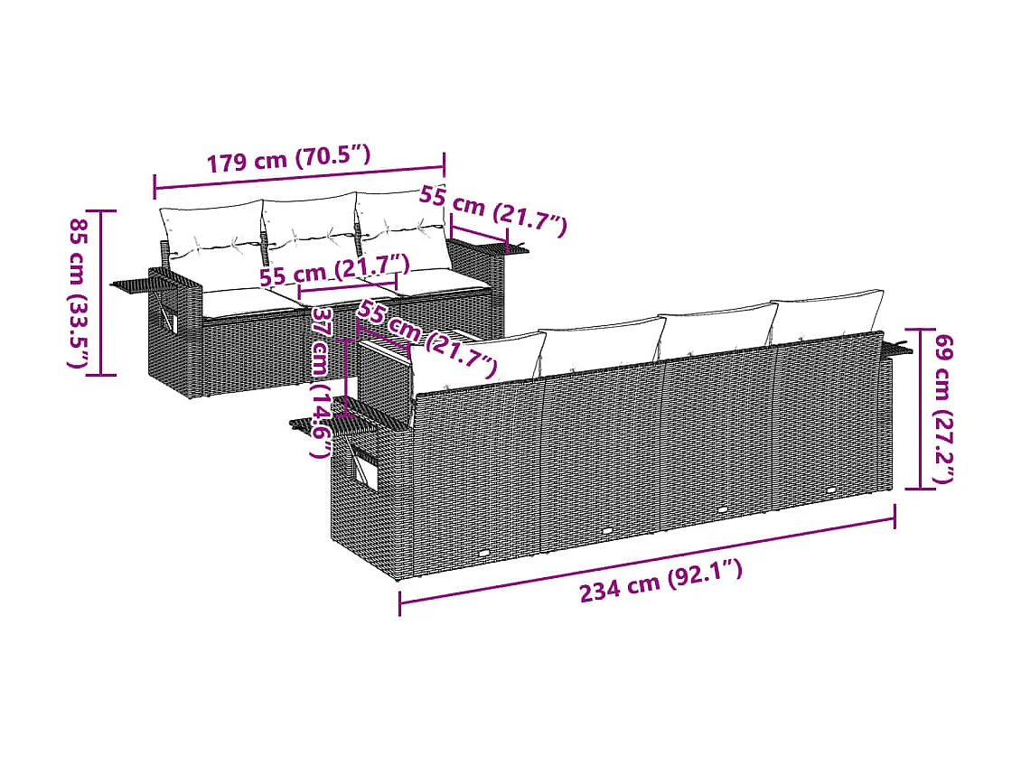 Muebles de jardín de 8 piezas con cojines de resina tejida gris.