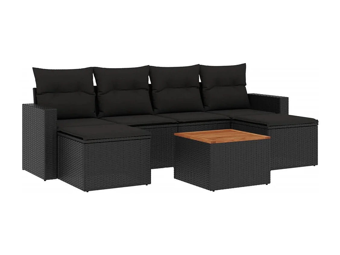 Muebles de jardín de 7 piezas con cojines de resina tejida en negro.