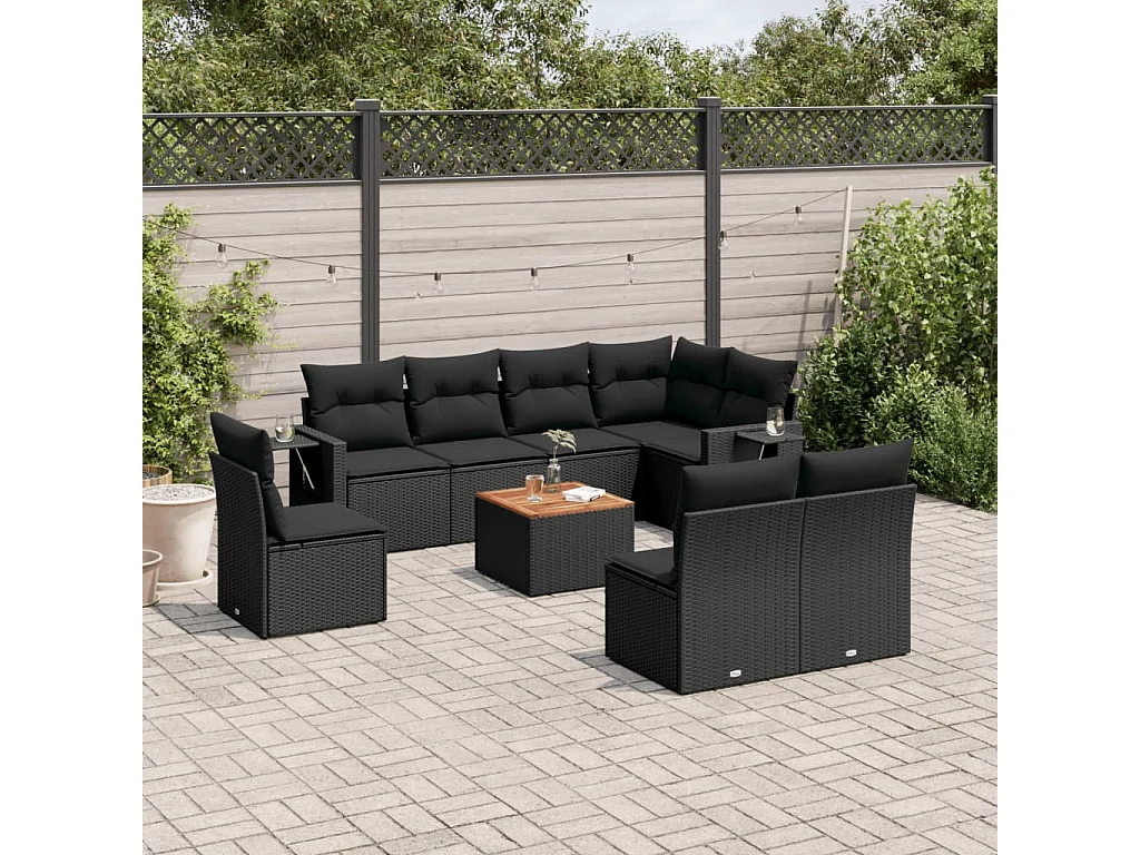 Salon de jardin 9 pcs avec coussins noir résine tressée