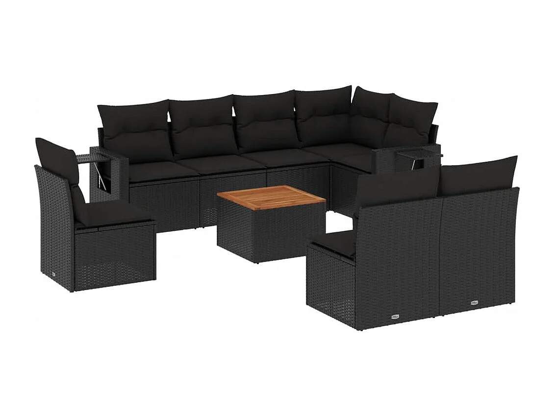 Salon de jardin 9 pcs avec coussins noir résine tressée