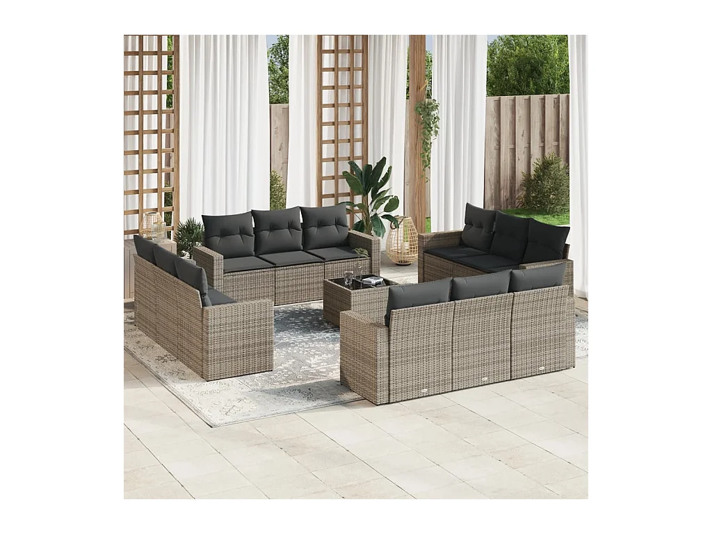 Salon de jardin avec coussins 13 pcs gris résine tressée