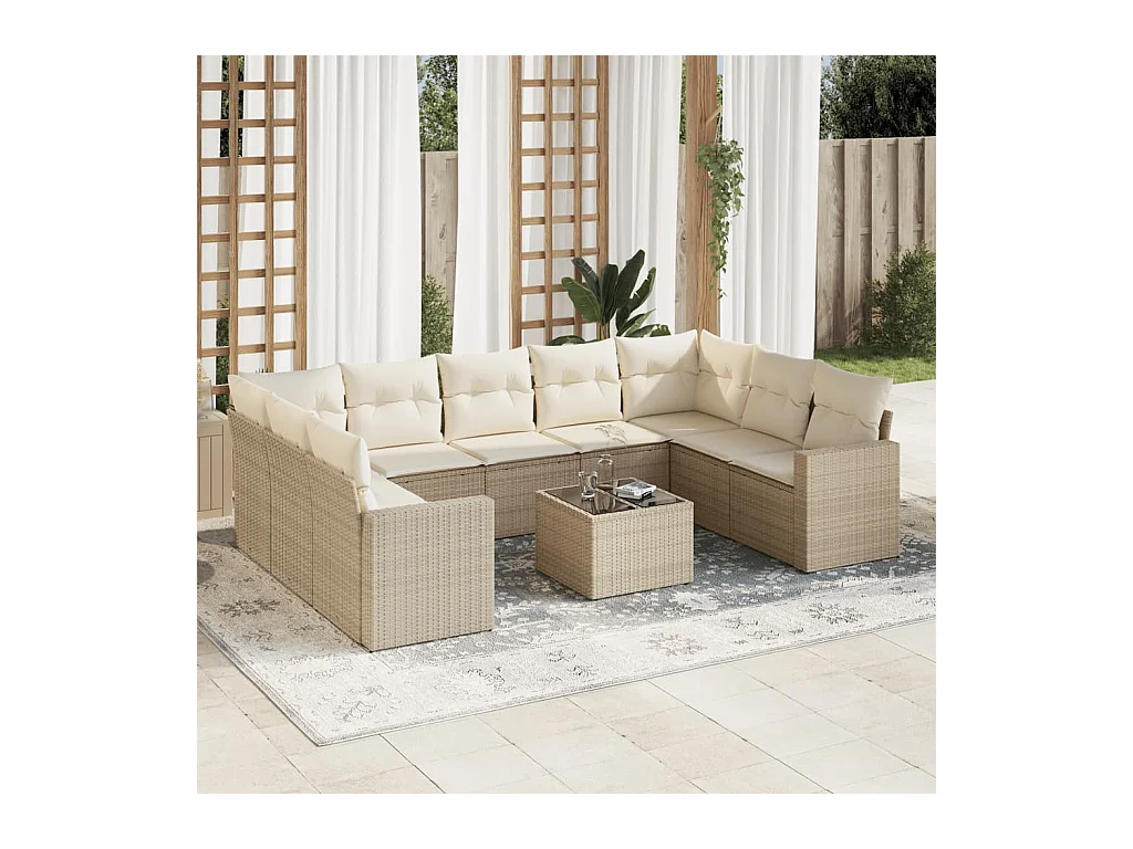 Salon de jardin avec coussins 10 pcs beige résine tressée
