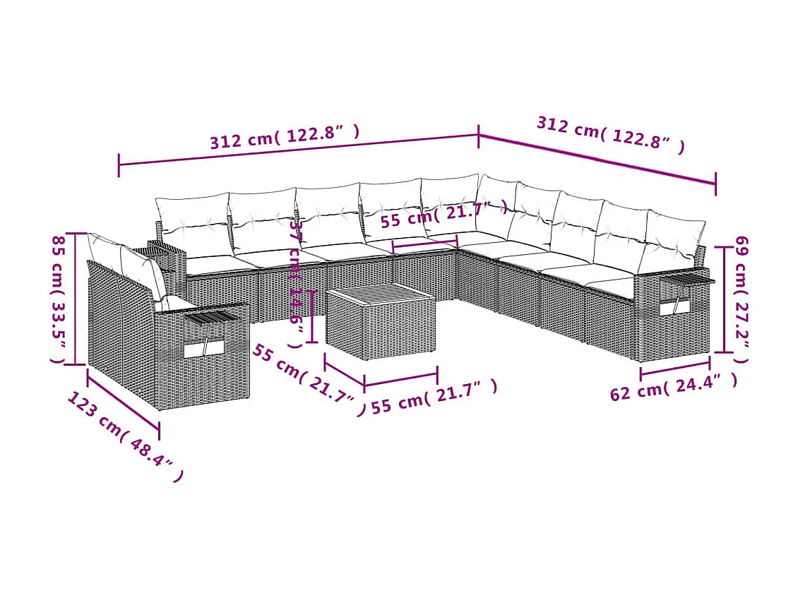 Muebles de jardín con cojines 12 piezas resina tejida beige
