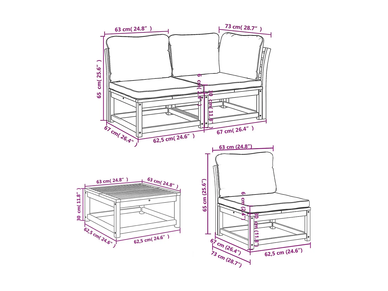 Salon de jardin avec coussins 5 pcs Bois d'acacia solide