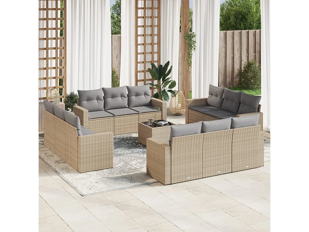 Salon de jardin avec coussins 13 pcs beige résine tressée