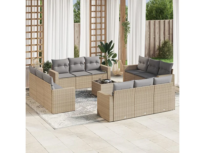 Salon de jardin avec coussins 13 pcs beige résine tressée