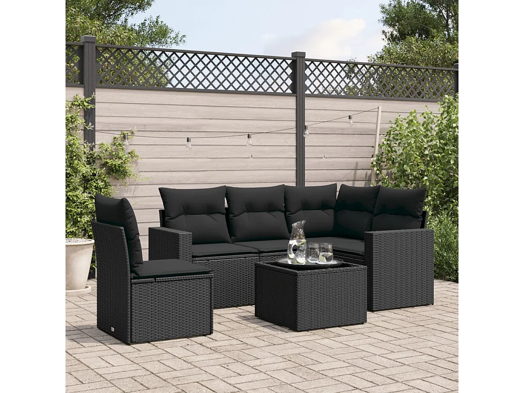 Mobili da giardino 6 pezzi con cuscini in resina intrecciata nera